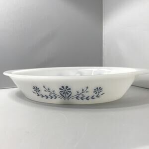 Milk‎ Glass Divided Dish in White with Blue Flower Pattern 12" long Server